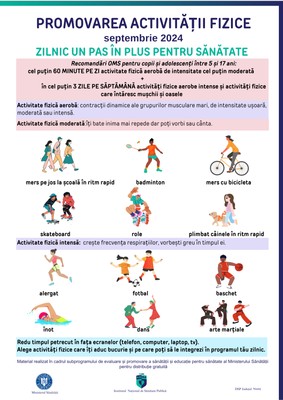 Campania de informare, educare și comunicare „Zilnic un pas în plus pentru sănătate!”, septembrie 2024 - poster pentru tineri Campania de informare, educare și comunicare „Zilnic un pas în plus pentru sănătate!”, septembrie 2024 - poster pentru tineri