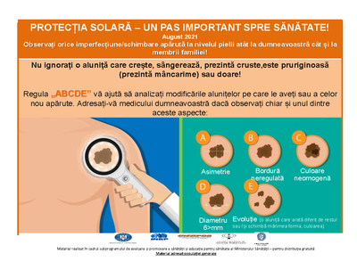 Campania „PROTECȚIA SOLARĂ – UN PAS IMPORTANT SPRE SĂNĂTATE!” 2021 - regula ABCDE 